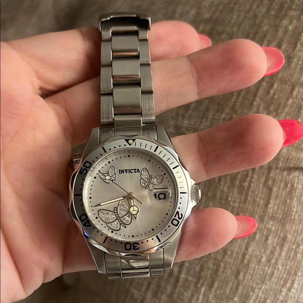 Invicta Silver Watch with Butterfly Accents